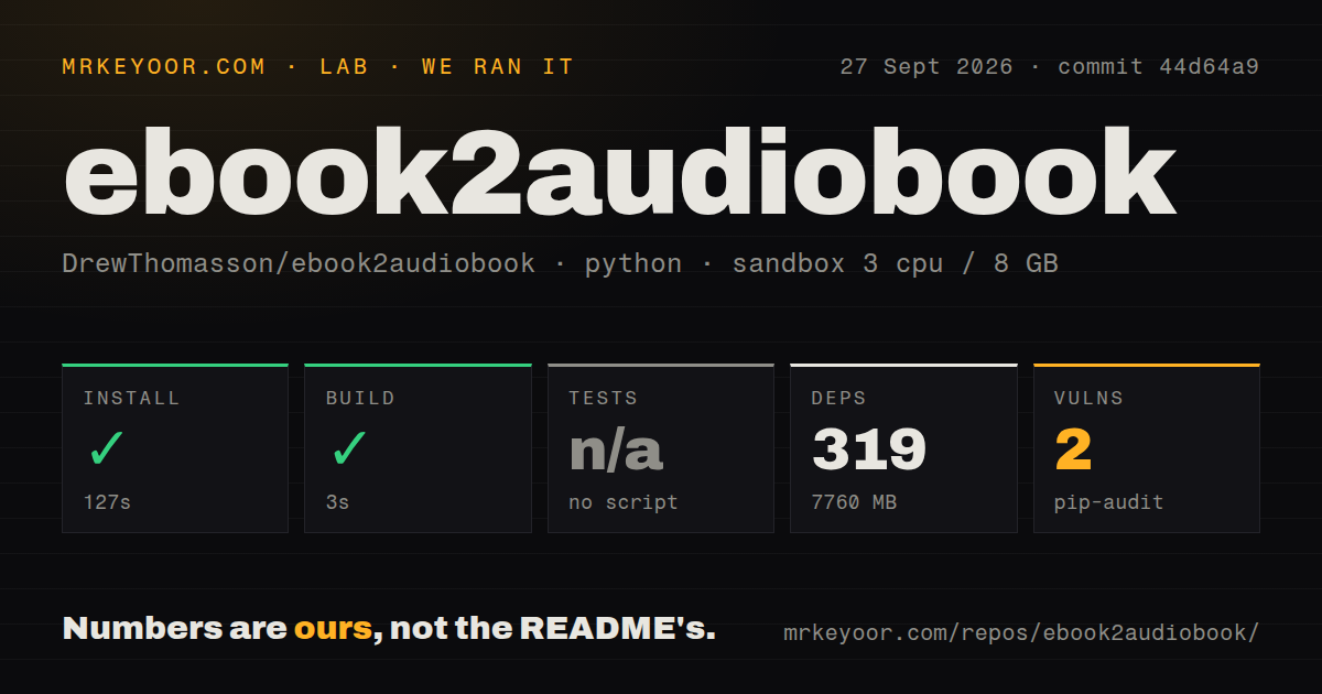 Lab card: what happened when we ran ebook2audiobook
