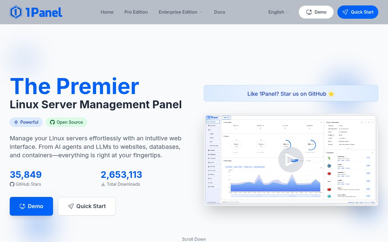 Screenshot of 1Panel (1panel.pro)