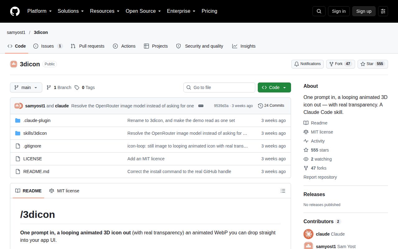 Screenshot of 3dicon (github.com/samyost1/3dicon)