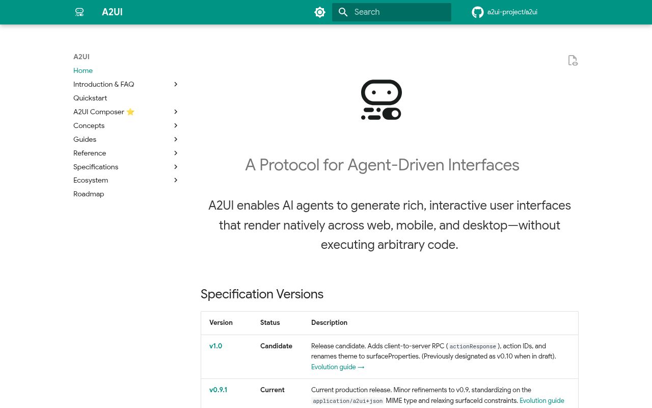 Screenshot of a2ui (a2ui.org)