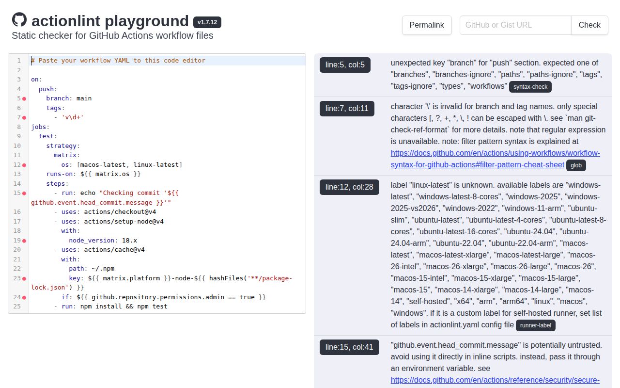 Screenshot of actionlint (rhysd.github.io/actionlint)