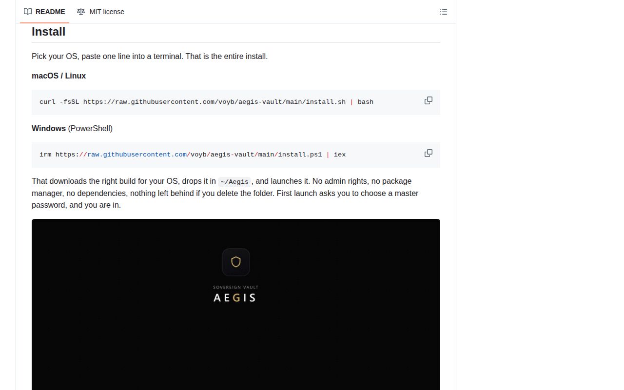 Screenshot of aegis-vault (github.com/voyb/aegis-vault#install)