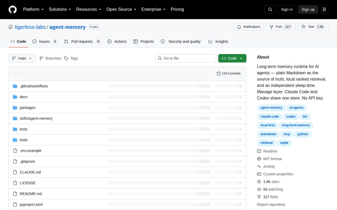Screenshot of agent-memory (github.com/tigerless-labs/agent-memory)