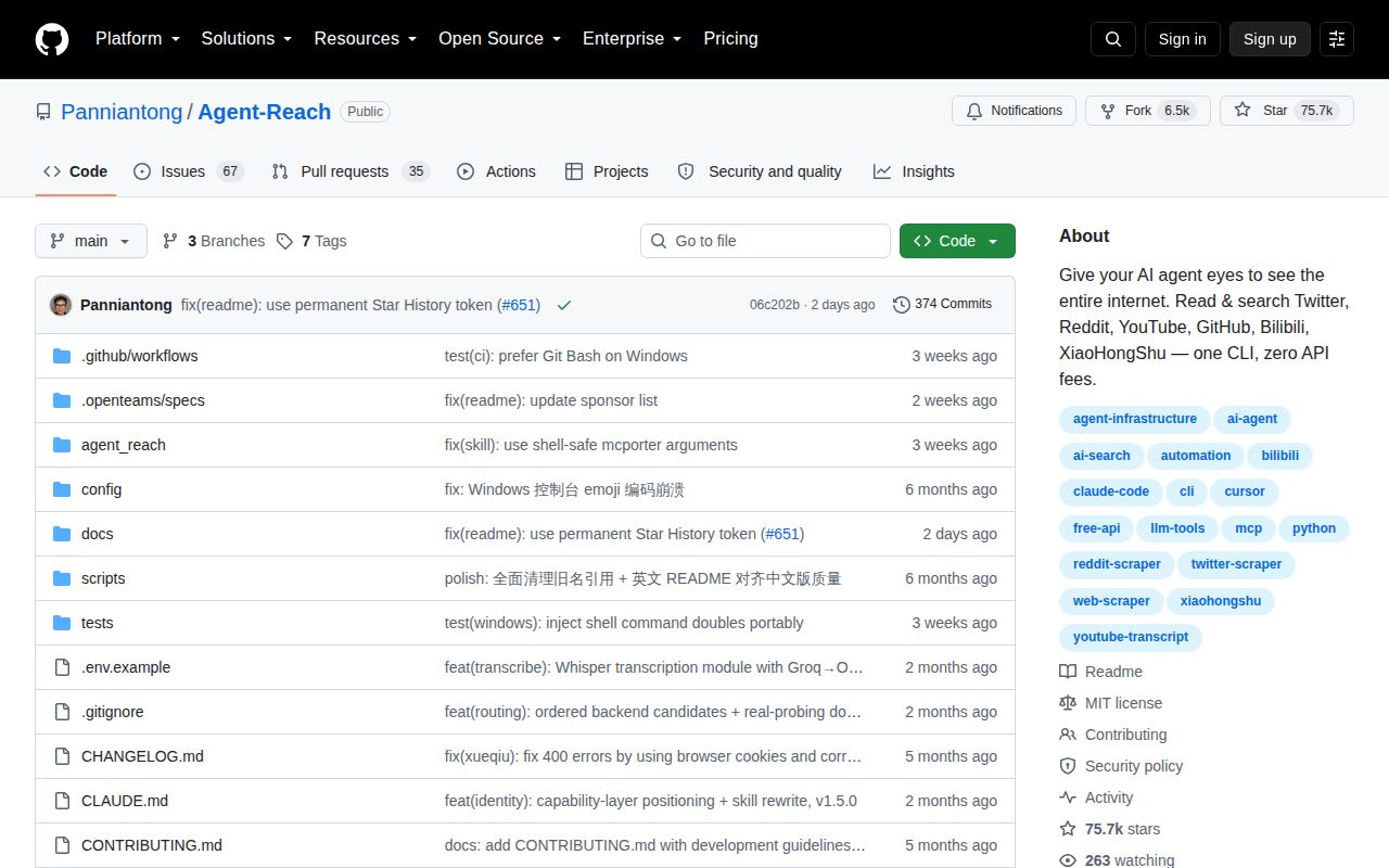 Screenshot of Agent-Reach (github.com/Panniantong/Agent-Reach)