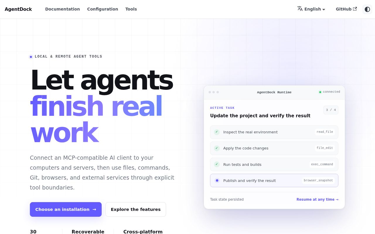 Screenshot of agentdock (uvwt.github.io/agentdock-docs)