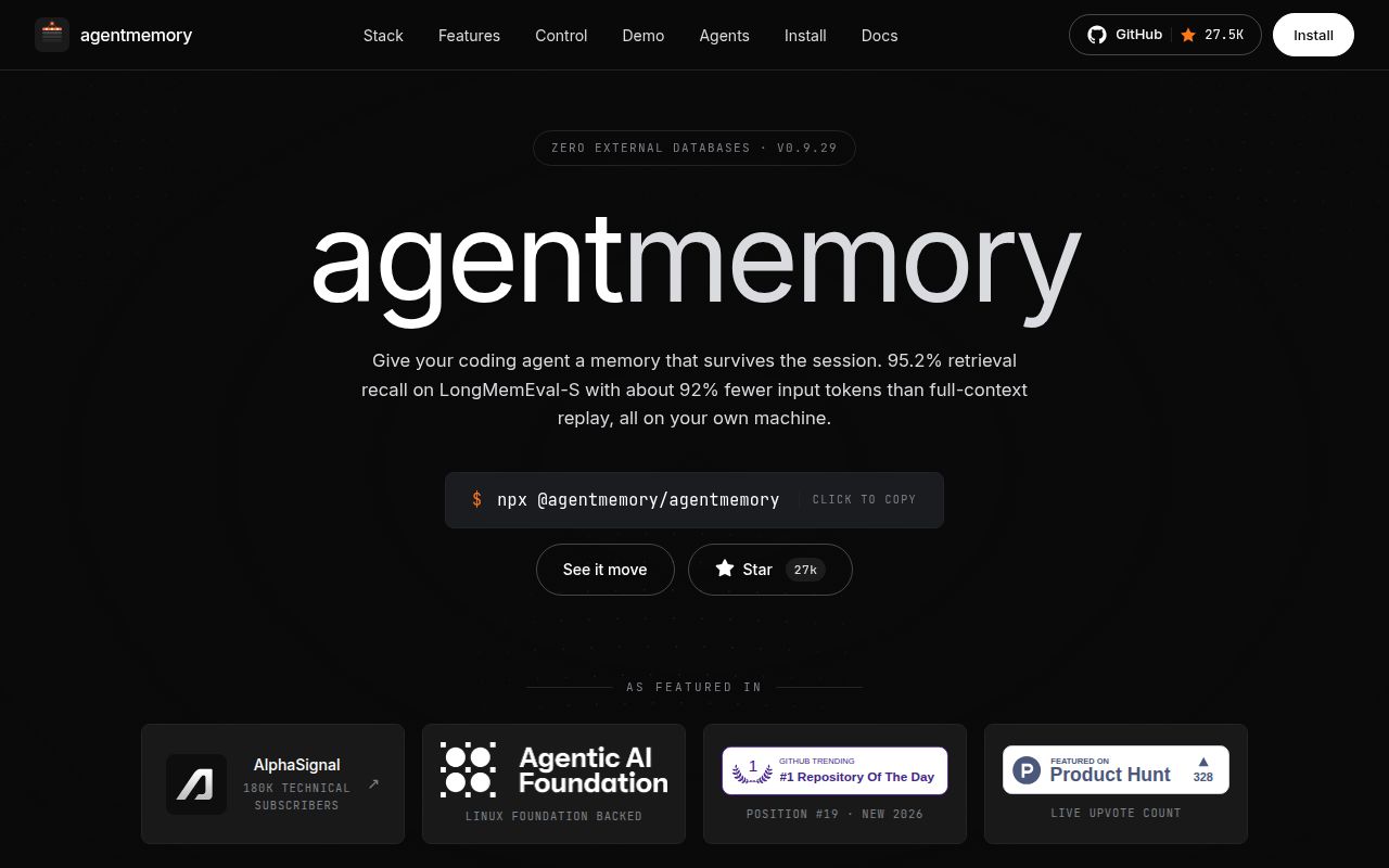 Screenshot of agentmemory (agent-memory.dev)
