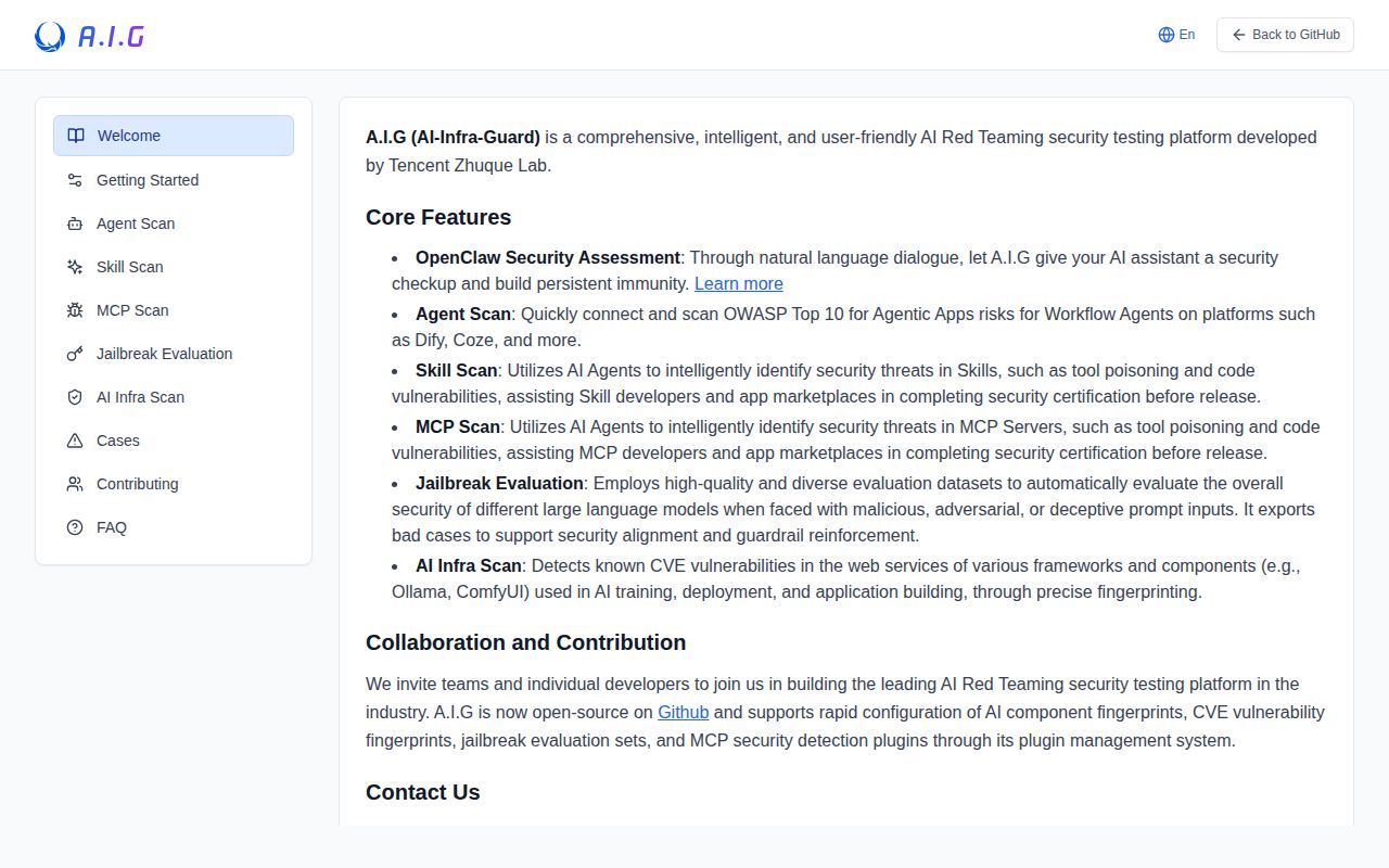 Screenshot of AI-Infra-Guard (tencent.github.io/AI-Infra-Guard)