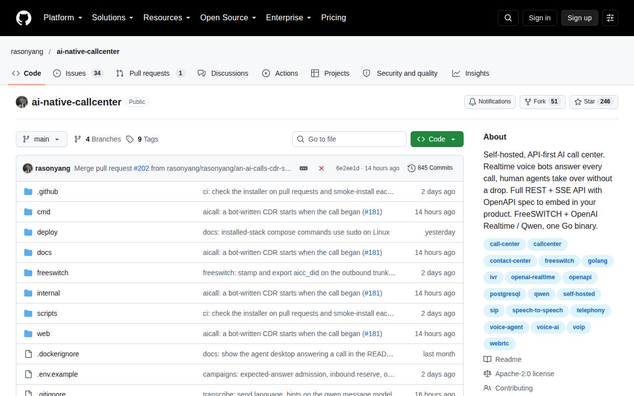 Screenshot of ai-native-callcenter (github.com/rasonyang/ai-native-callcenter)