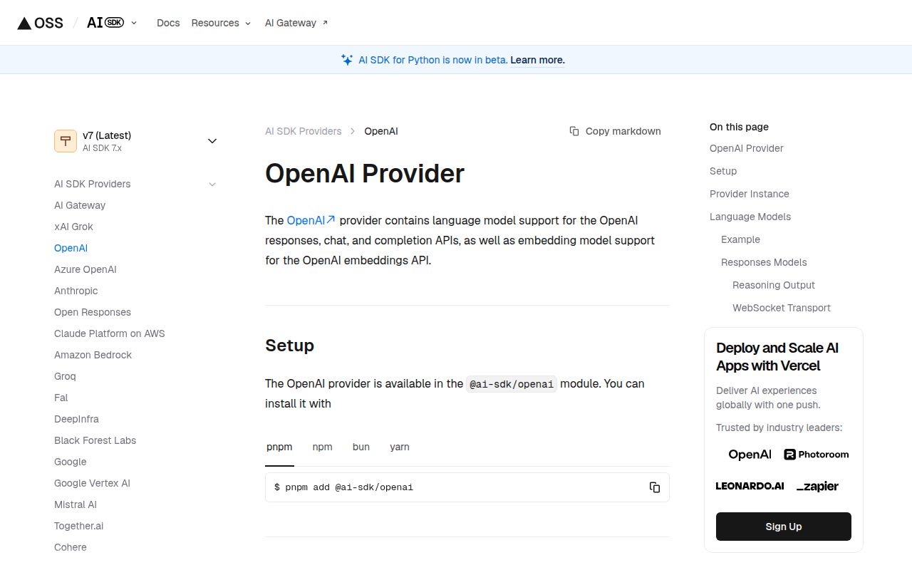 Screenshot of @ai-sdk/openai documentation