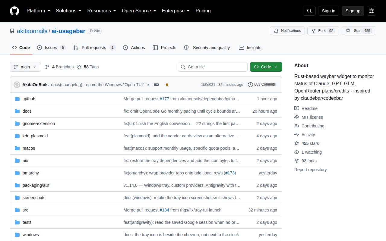 Screenshot of ai-usagebar (github.com/akitaonrails/ai-usagebar)