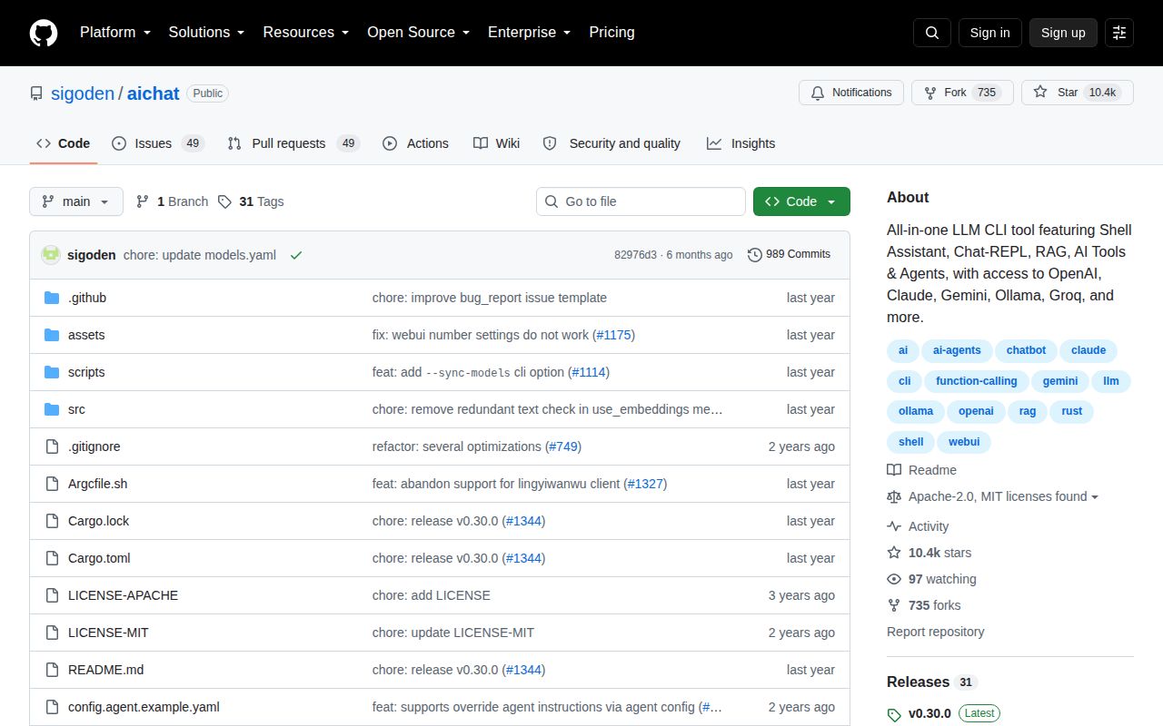 Screenshot of aichat (github.com/sigoden/aichat)