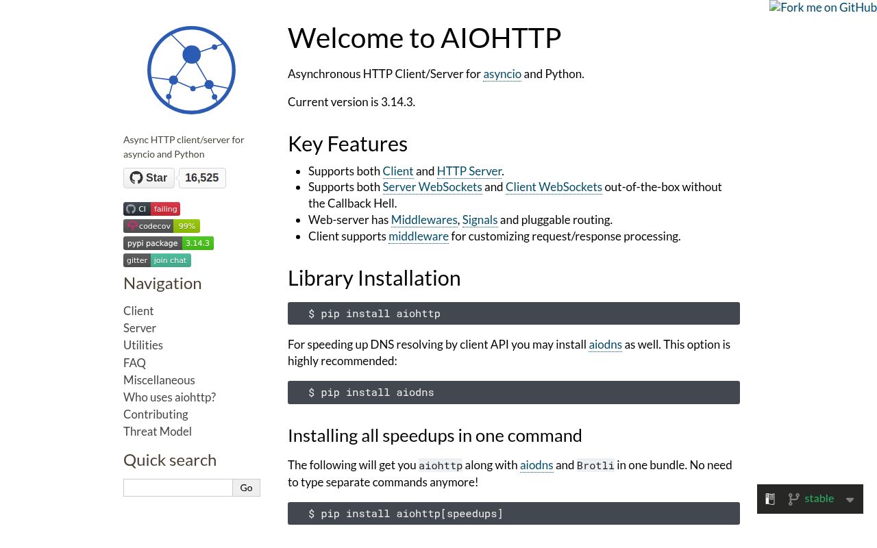 Screenshot of aiohttp documentation