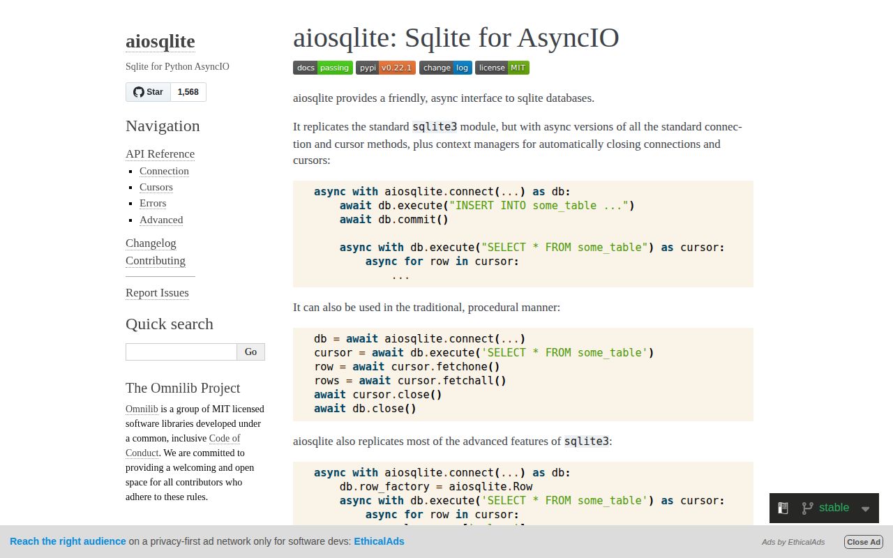 Screenshot of aiosqlite documentation
