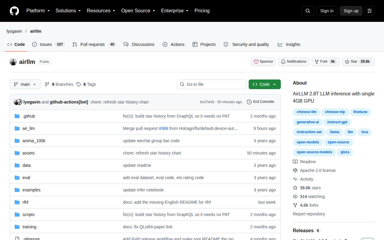 Screenshot of airllm (github.com/lyogavin/airllm)