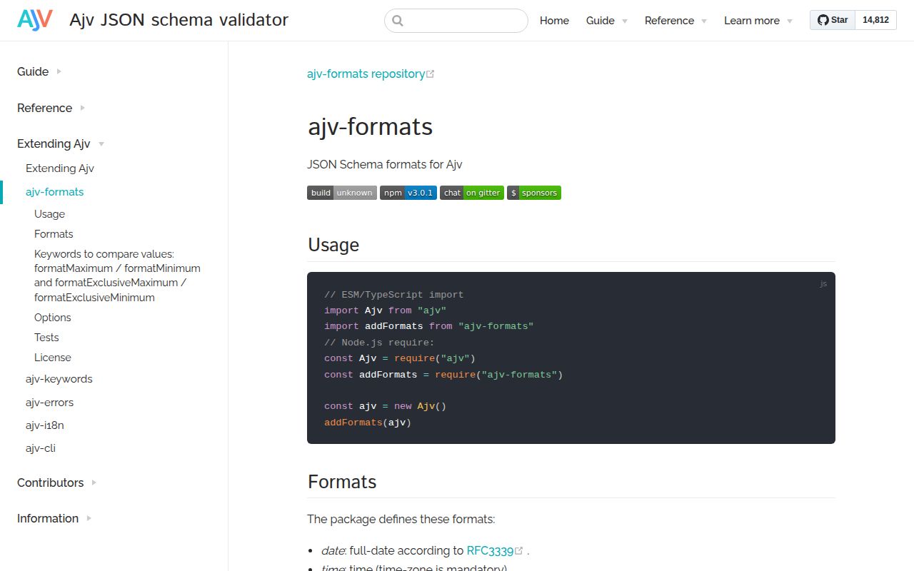 Screenshot of ajv-formats documentation