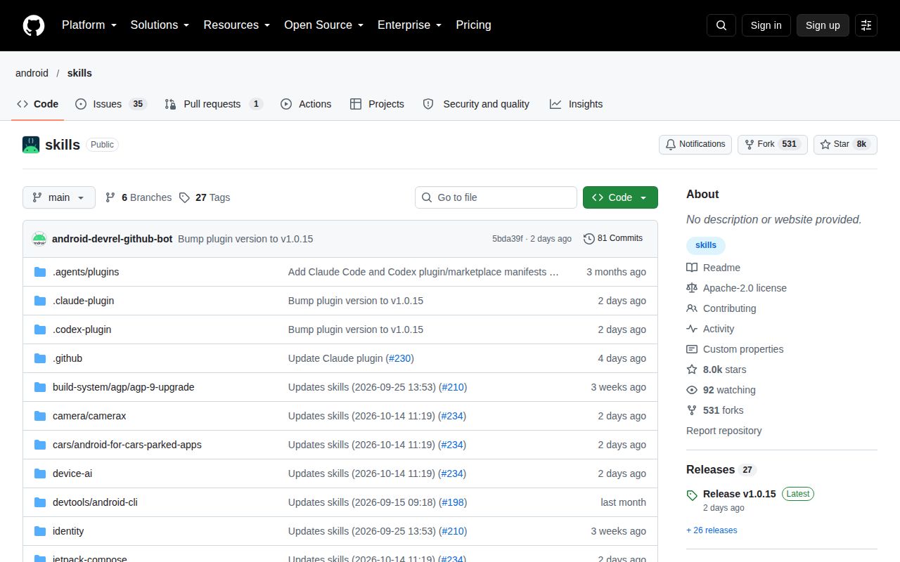 Screenshot of skills (github.com/android/skills)