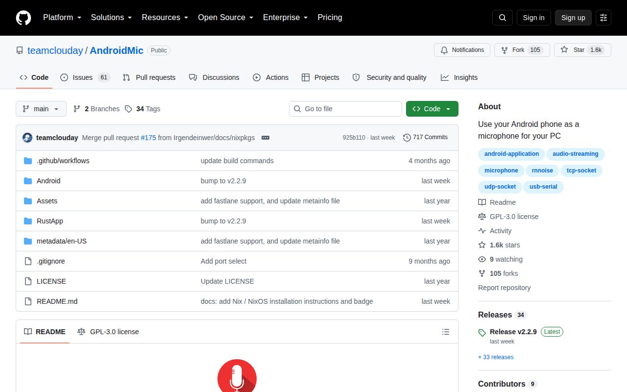 Screenshot of AndroidMic (github.com/teamclouday/AndroidMic)