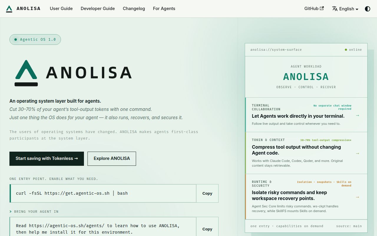 Screenshot of ANOLISA (agentic-os.sh)