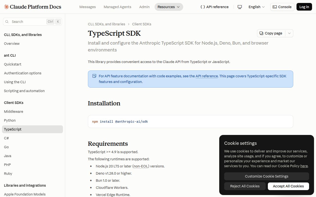 Screenshot of @anthropic-ai/sdk documentation