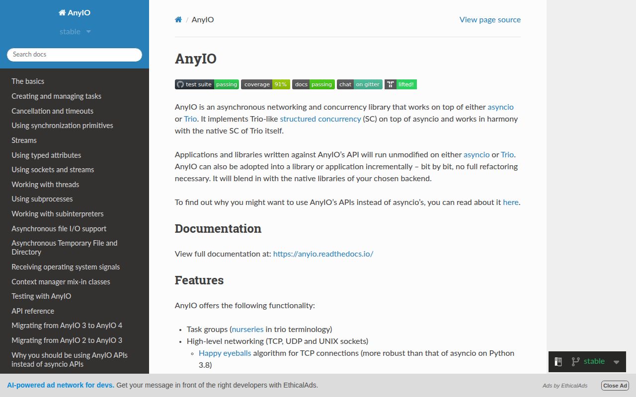 Screenshot of anyio documentation