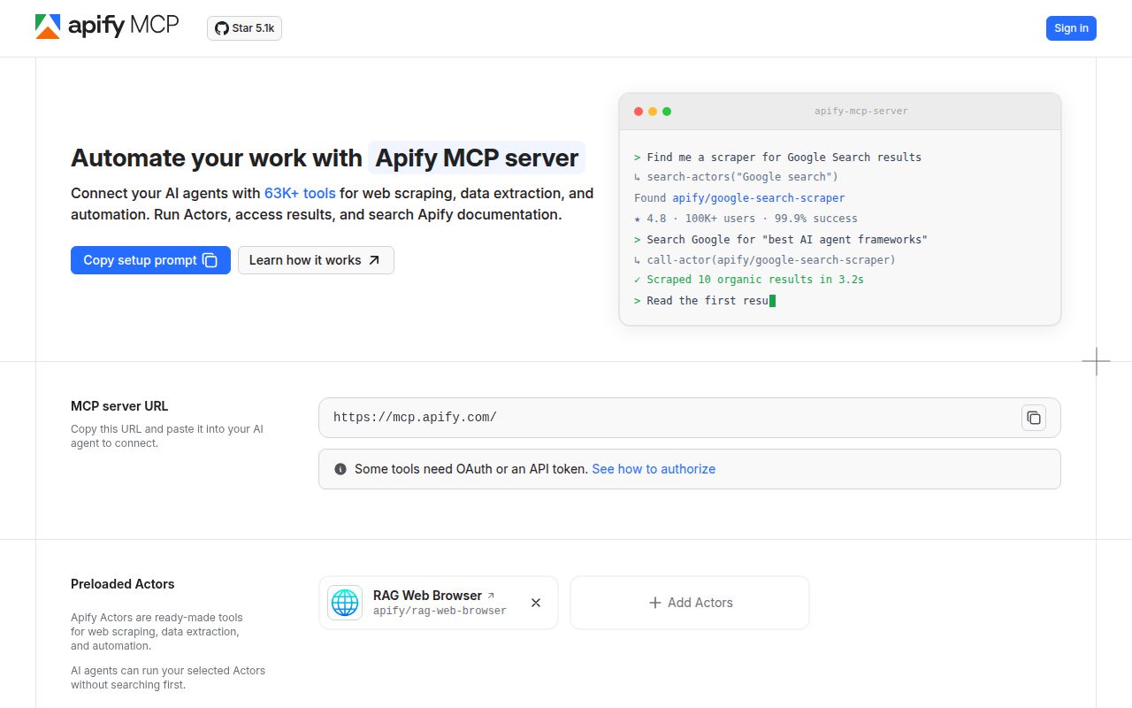 Screenshot of apify-mcp-server (mcp.apify.com)