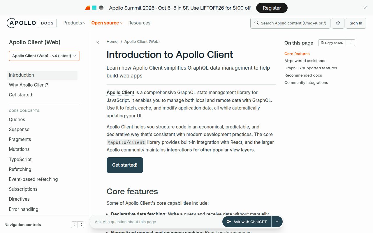 Screenshot of @apollo/client documentation