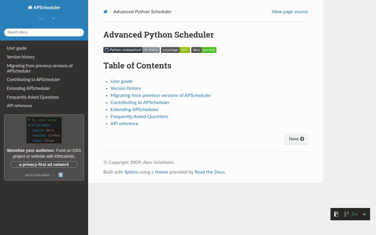 Screenshot of apscheduler documentation