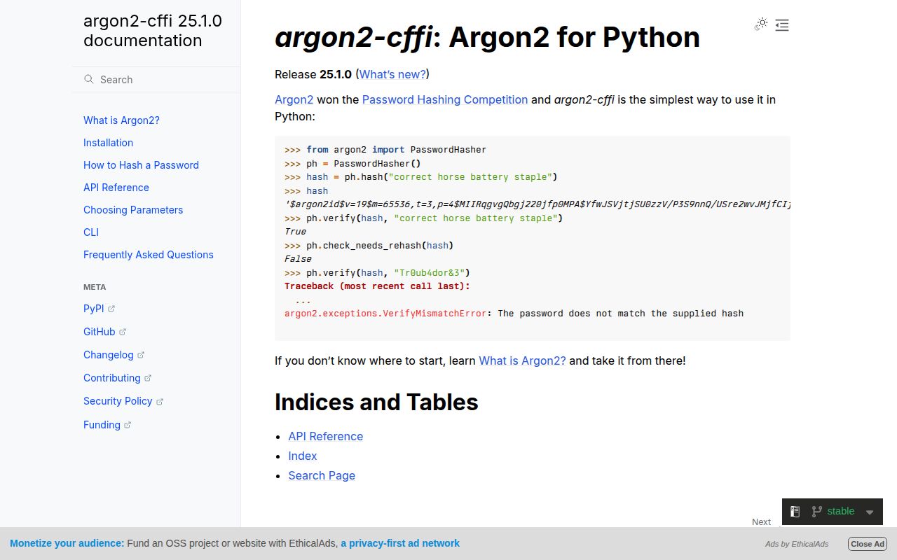 Screenshot of argon2-cffi documentation