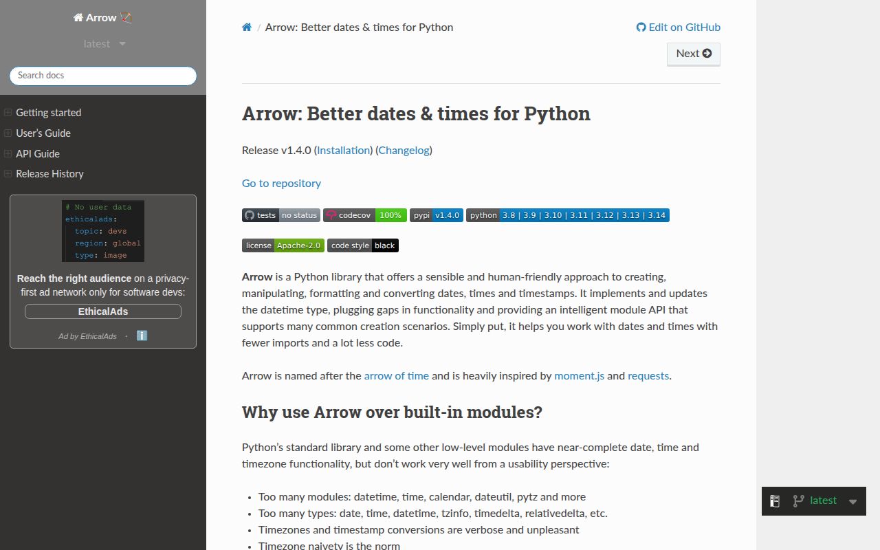 Screenshot of arrow documentation