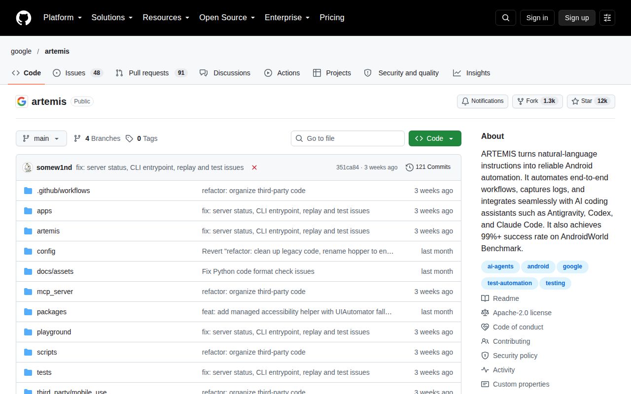 Screenshot of artemis (github.com/google/artemis)