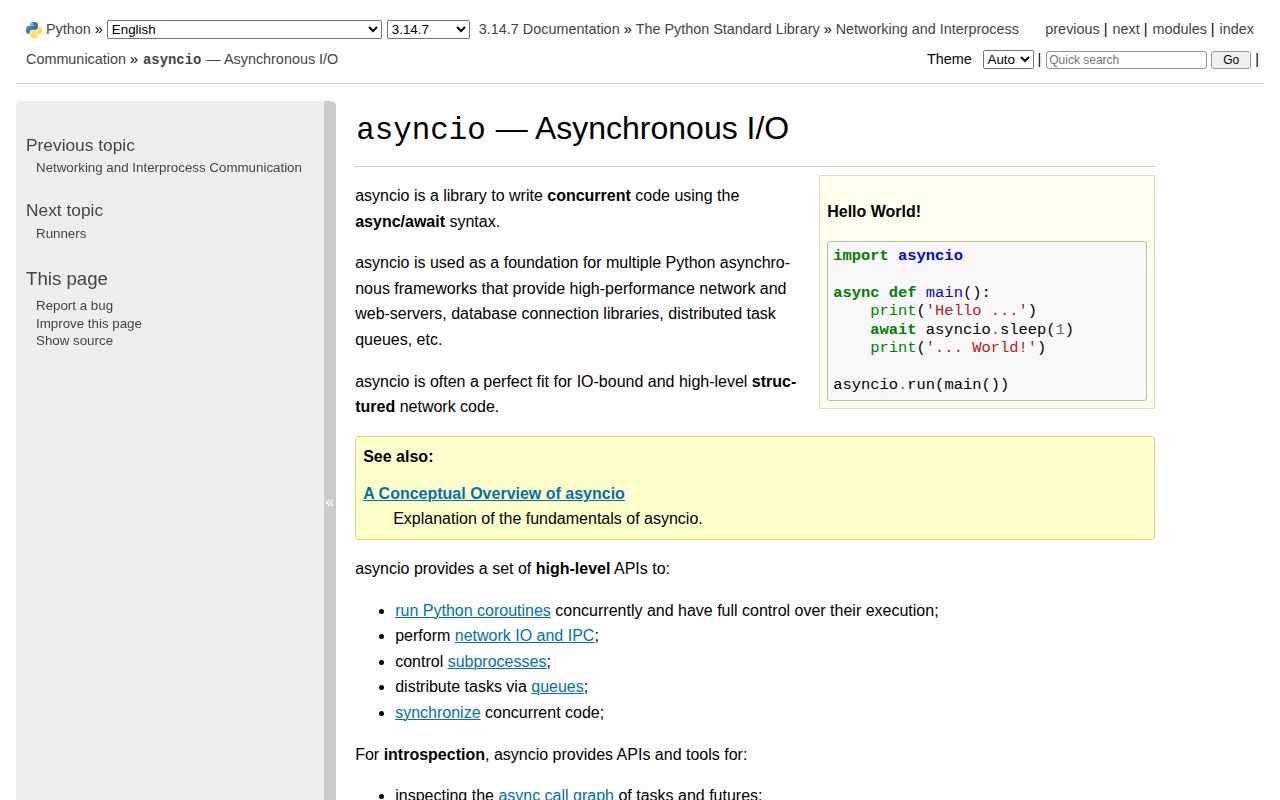 Screenshot of asyncio documentation