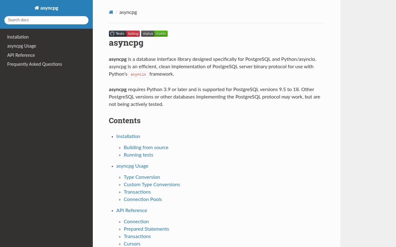 Screenshot of asyncpg documentation