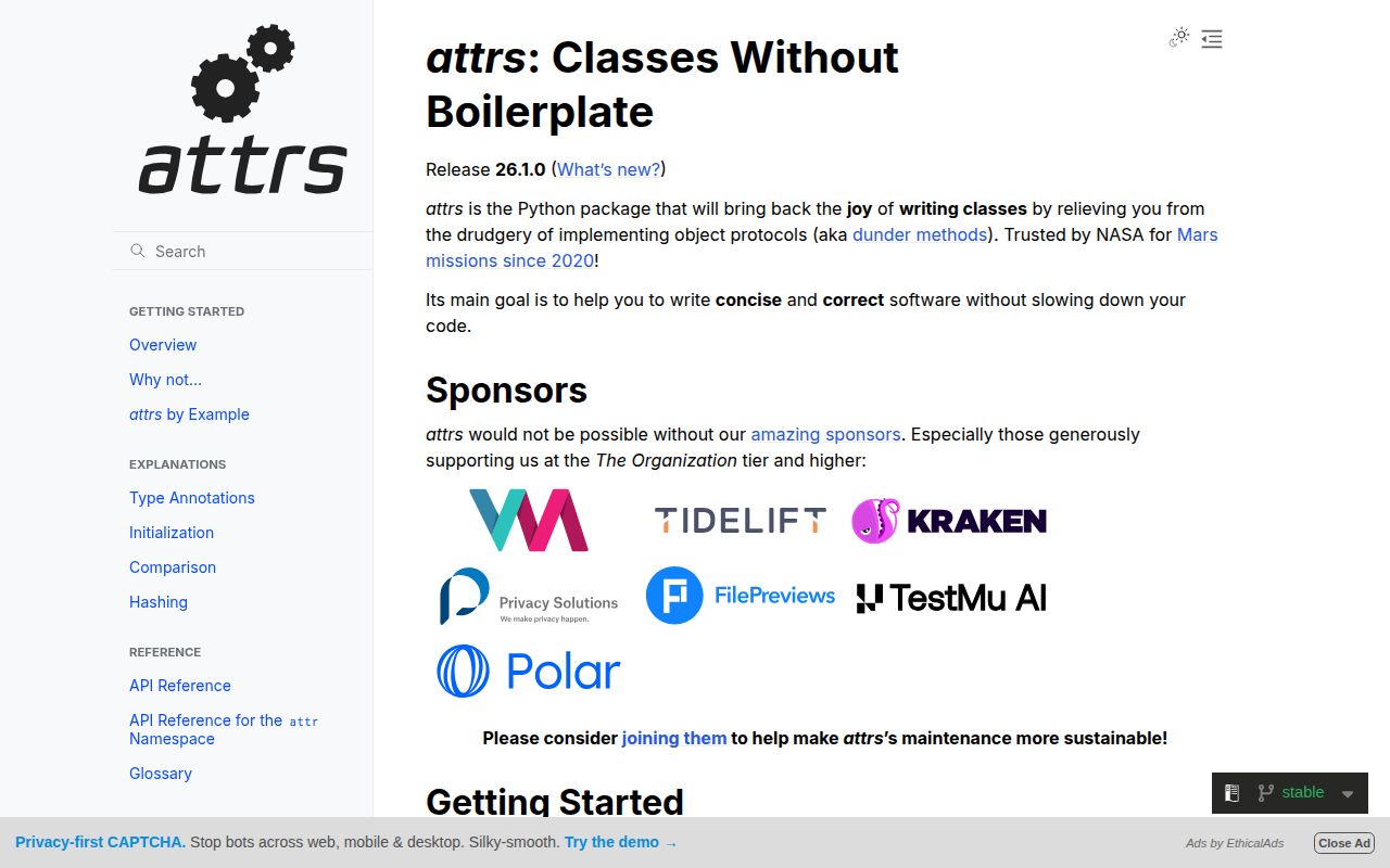 Screenshot of attrs documentation
