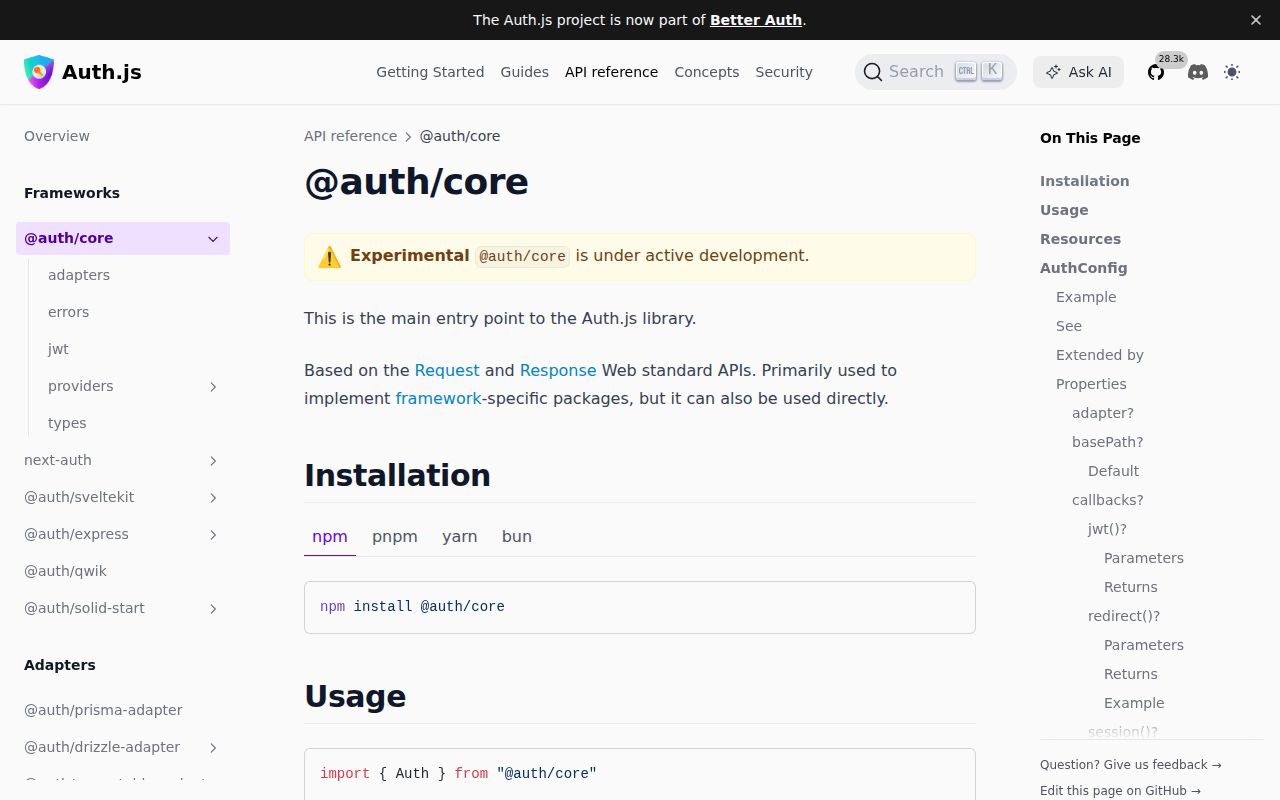 Screenshot of @auth/core documentation