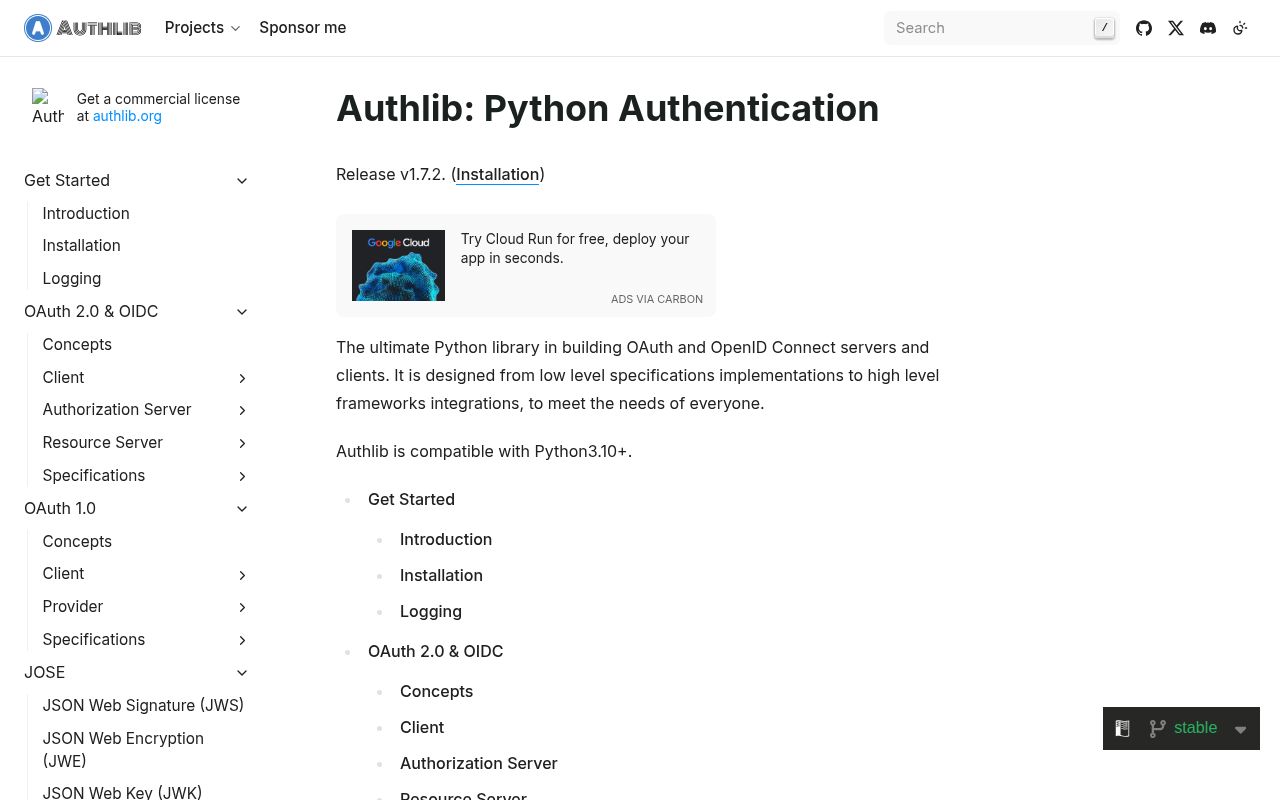 Screenshot of authlib documentation