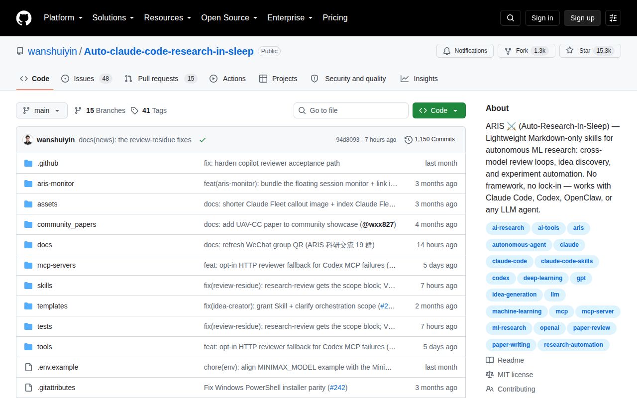Screenshot of Auto-claude-code-research-in-sleep (github.com/wanshuiyin/Auto-claude-code-research-in-sleep)