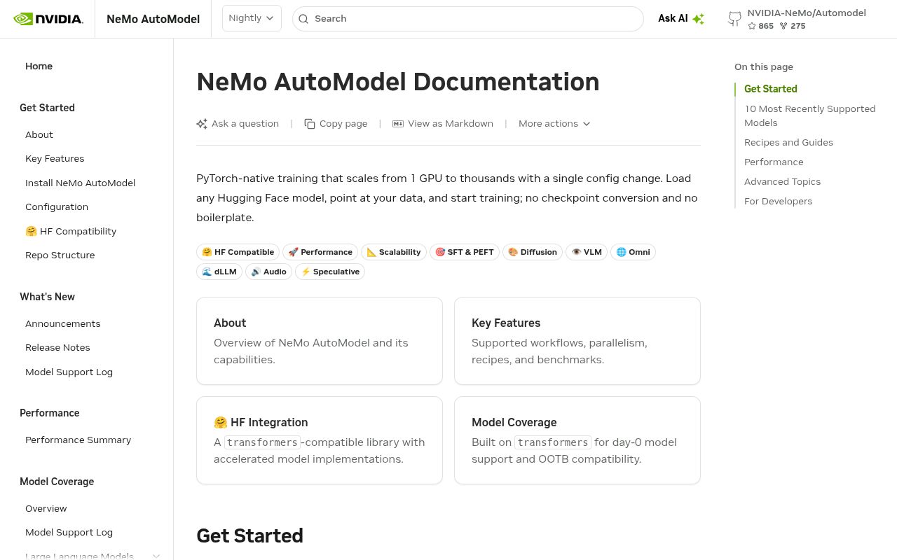 Screenshot of Automodel (docs.nvidia.com/nemo/automodel/nightly)