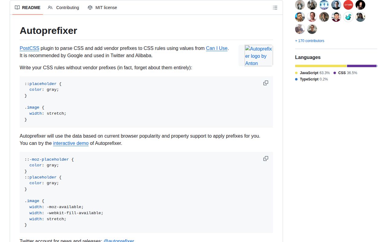 Screenshot of autoprefixer documentation