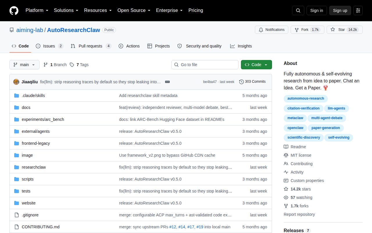 Screenshot of AutoResearchClaw (github.com/aiming-lab/AutoResearchClaw)