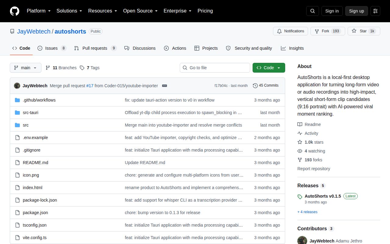Screenshot of autoshorts (github.com/JayWebtech/autoshorts)