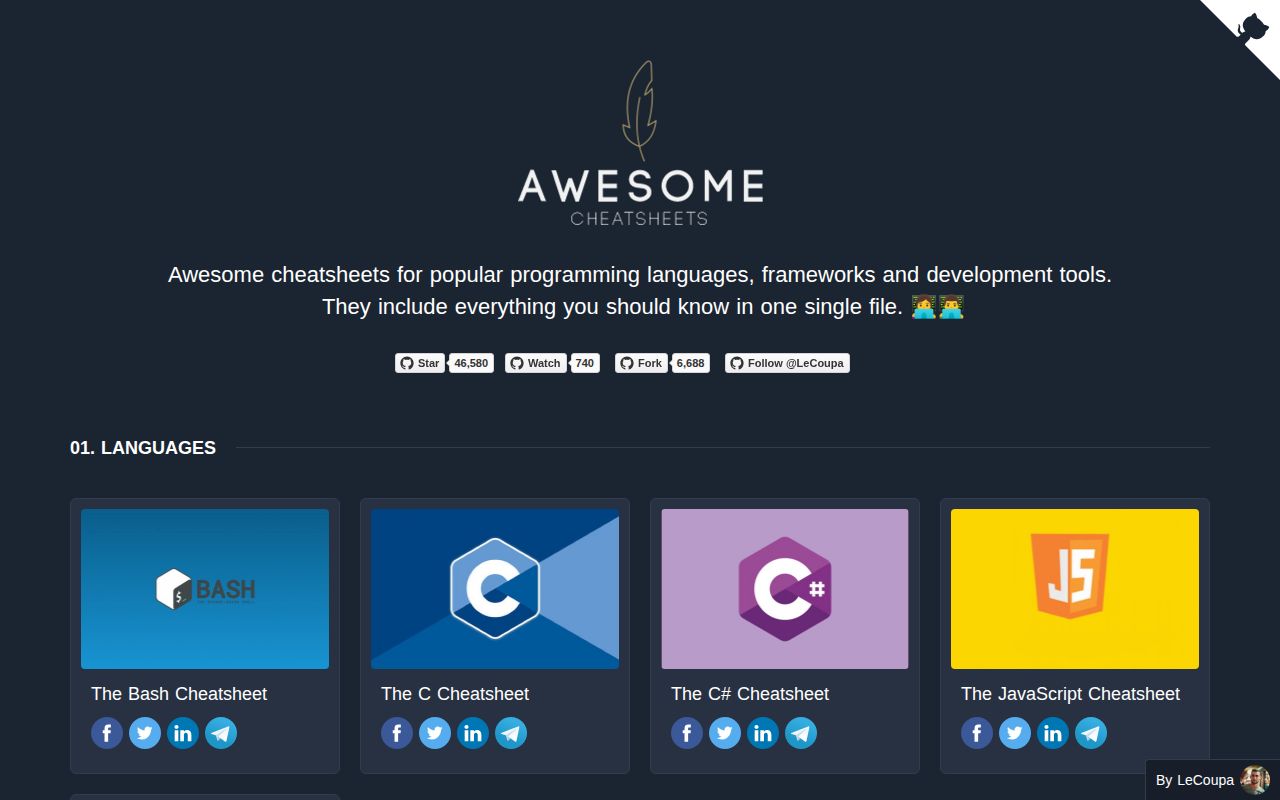 Screenshot of awesome-cheatsheets (lecoupa.github.io/awesome-cheatsheets)