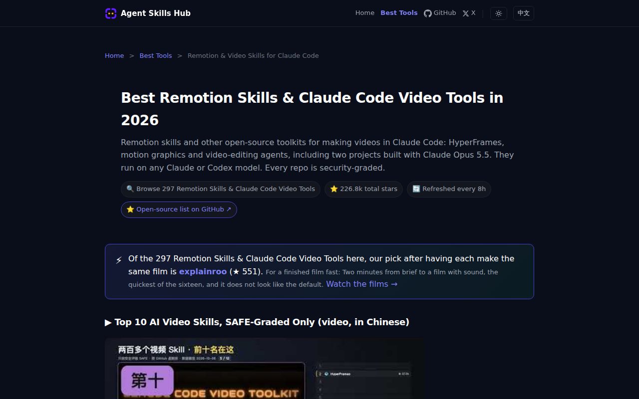 Screenshot of awesome-claude-video-skills (agentskillshub.top/best/claude-video-skills)