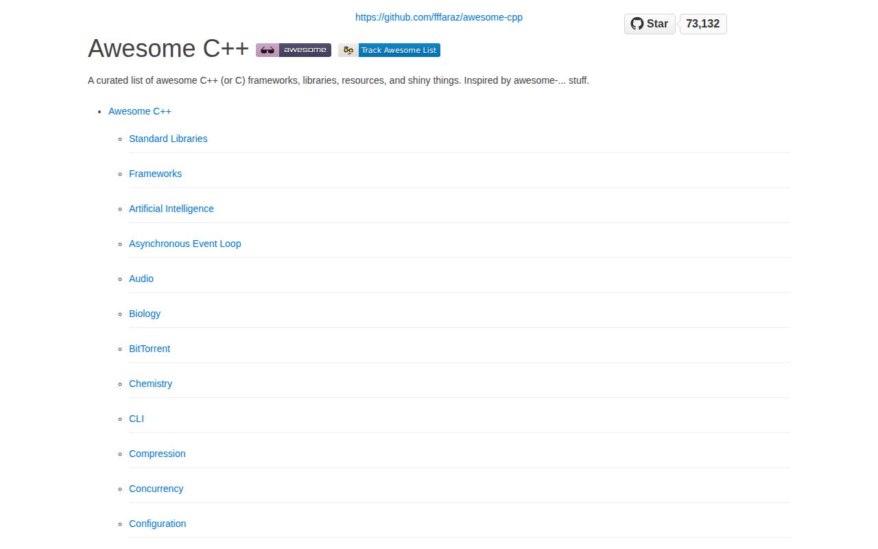 Screenshot of awesome-cpp (fffaraz.github.io/awesome-cpp)