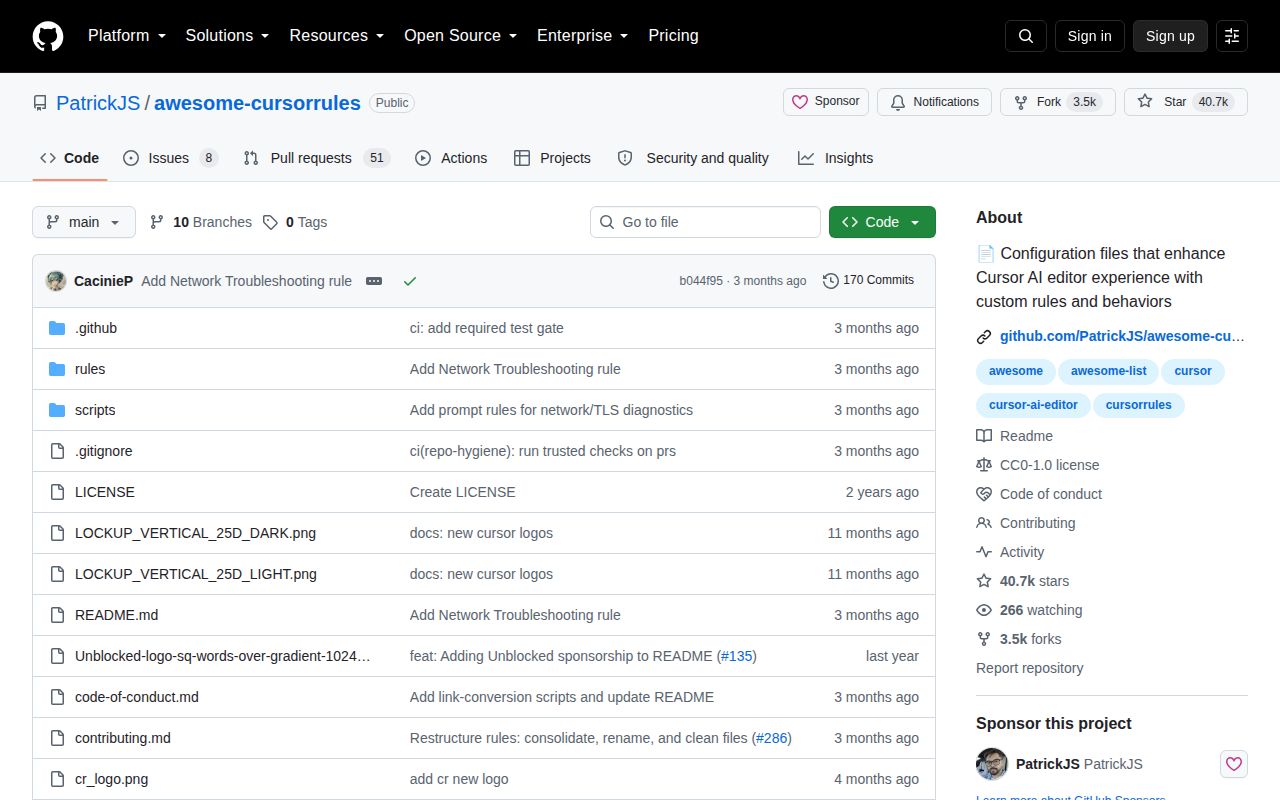Screenshot of awesome-cursorrules (github.com/PatrickJS/awesome-cursorrules)