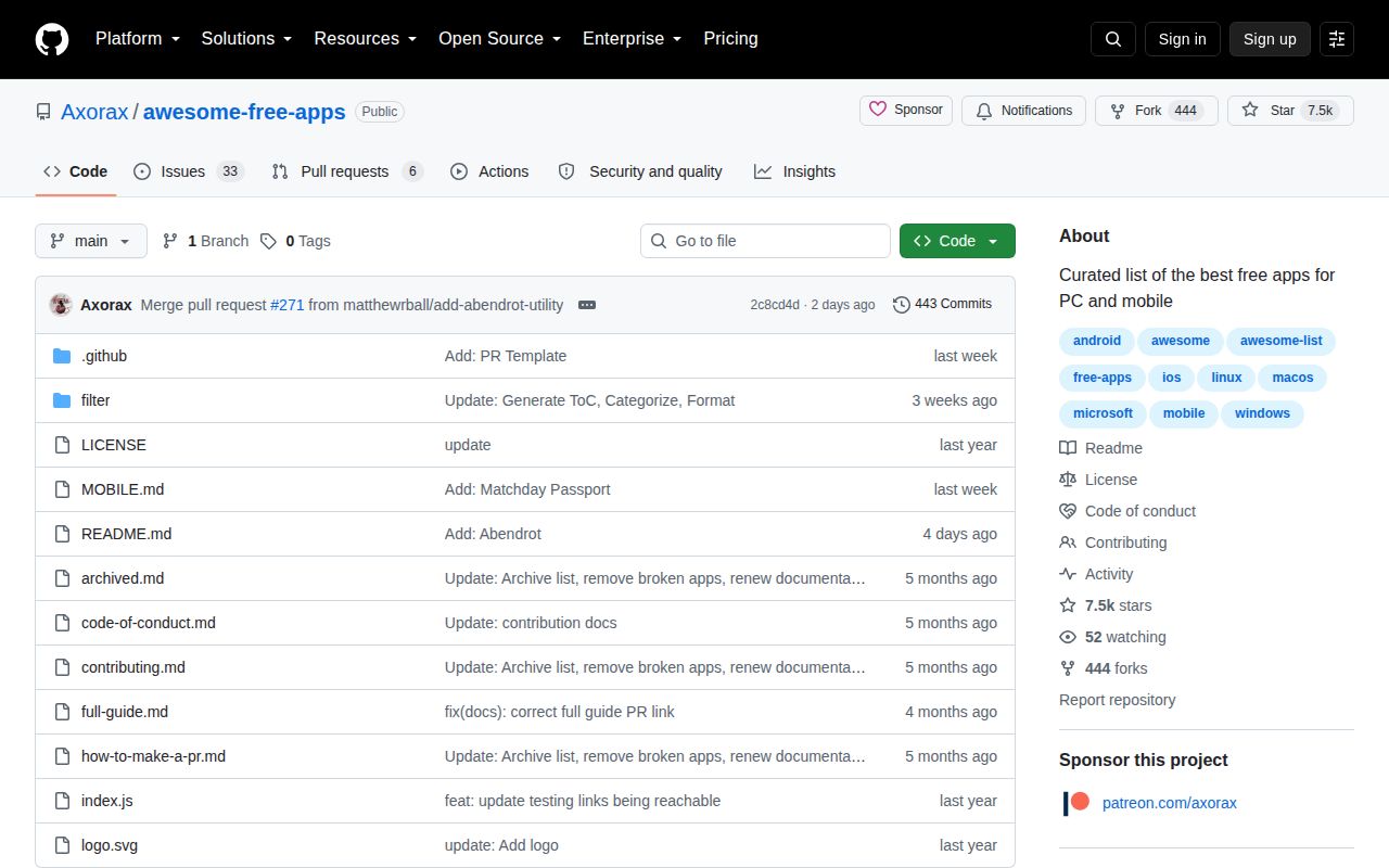 Screenshot of awesome-free-apps (github.com/Axorax/awesome-free-apps)