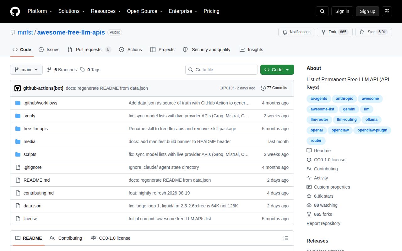 Screenshot of awesome-free-llm-apis (github.com/mnfst/awesome-free-llm-apis)
