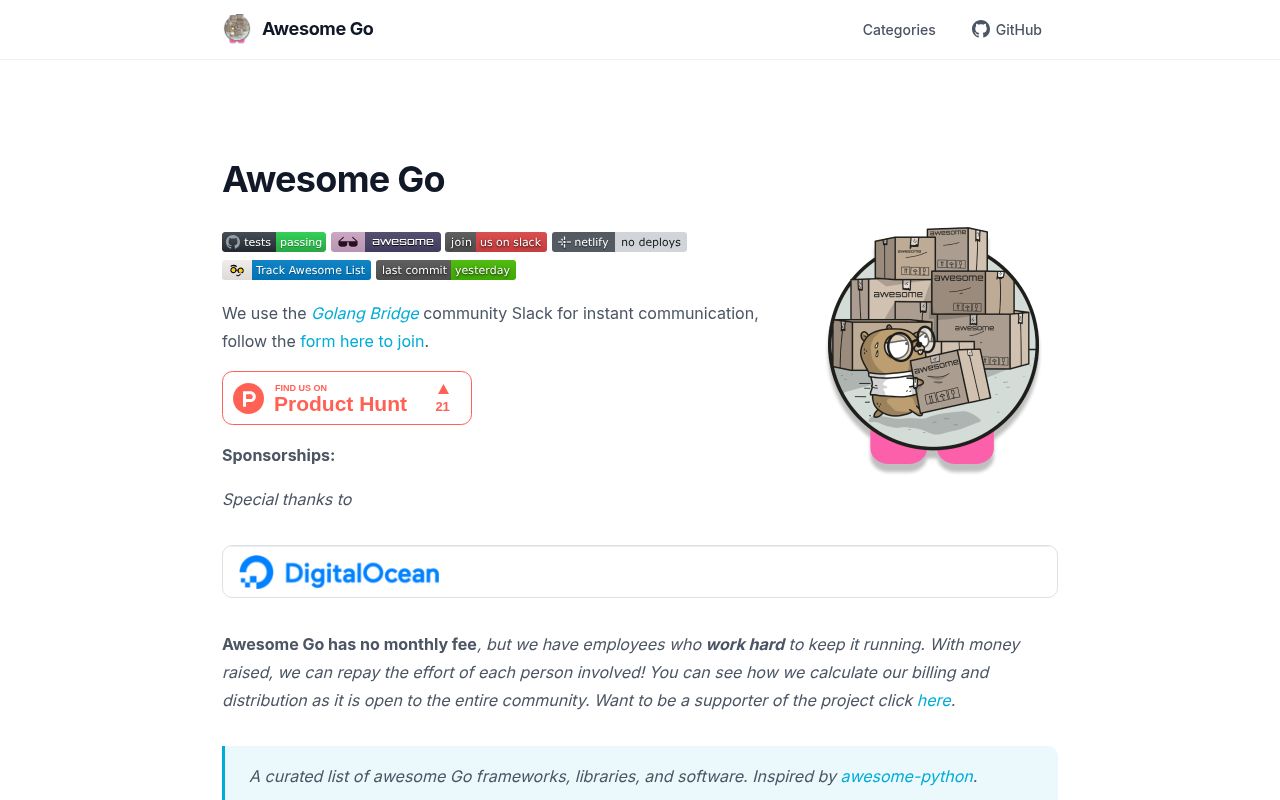Screenshot of awesome-go (awesome-go.com)