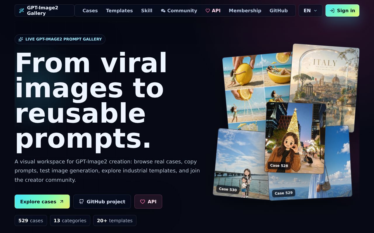 Screenshot of awesome-gpt-image-2 (gpt-image2.canghe.ai)