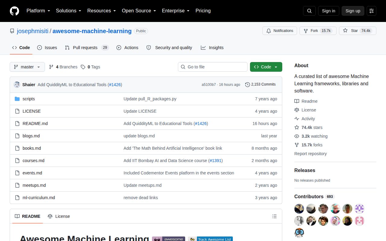 Screenshot of awesome-machine-learning (github.com/josephmisiti/awesome-machine-learning)