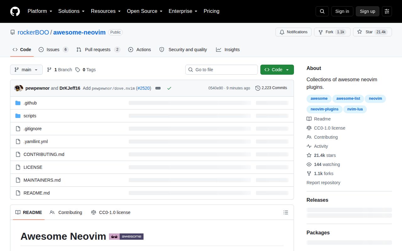 Screenshot of awesome-neovim (github.com/rockerBOO/awesome-neovim)